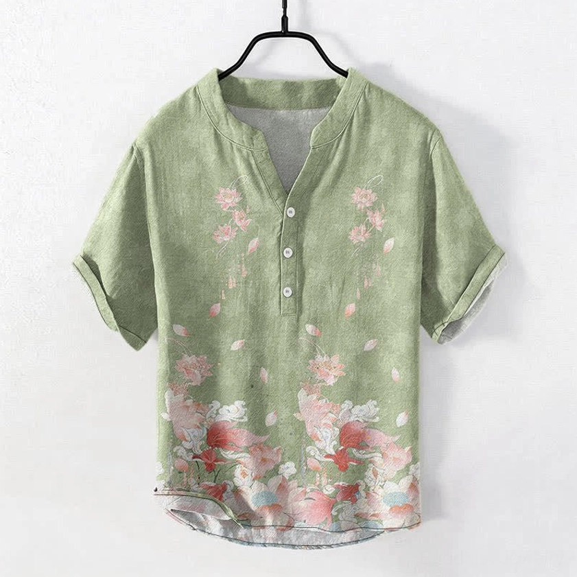 Sage green lotus print cotton men's short sleeve shirt front view with stand collar and watercolor floral design