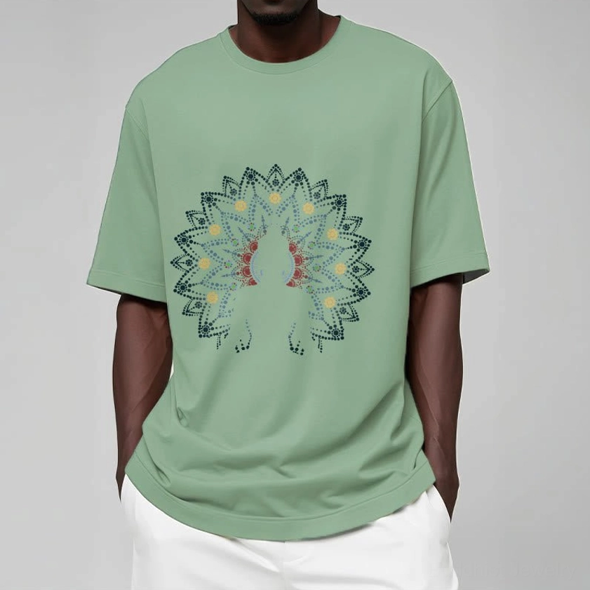 Men wearing sage green mandala Buddha graphic tee studio portrait showing relaxed fit