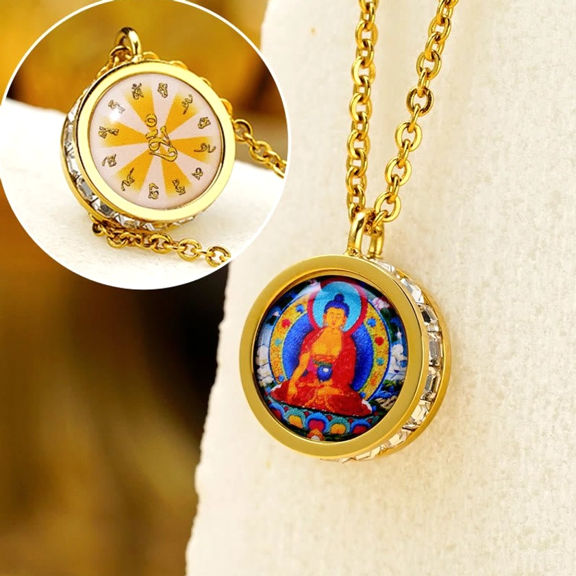 Sakyamuni Buddha pendant necklace - enlightenment deity with sacred mantra reverse
