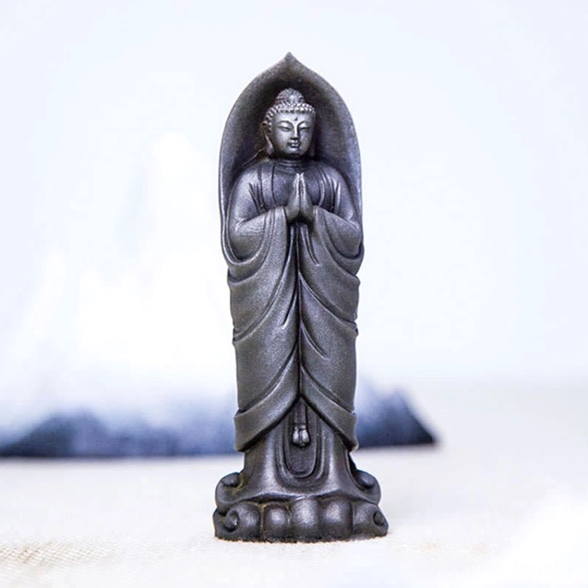 Sakyamuni Buddha Namaste meditation statue complete view from elevated angle for shelf or altar placement styling
