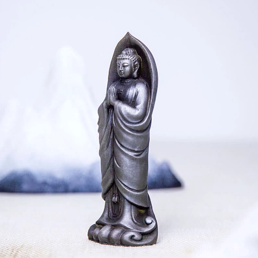 Handcrafted Sakyamuni Buddha Namaste statue with iron powder resin construction showing authentic artisanal finish details