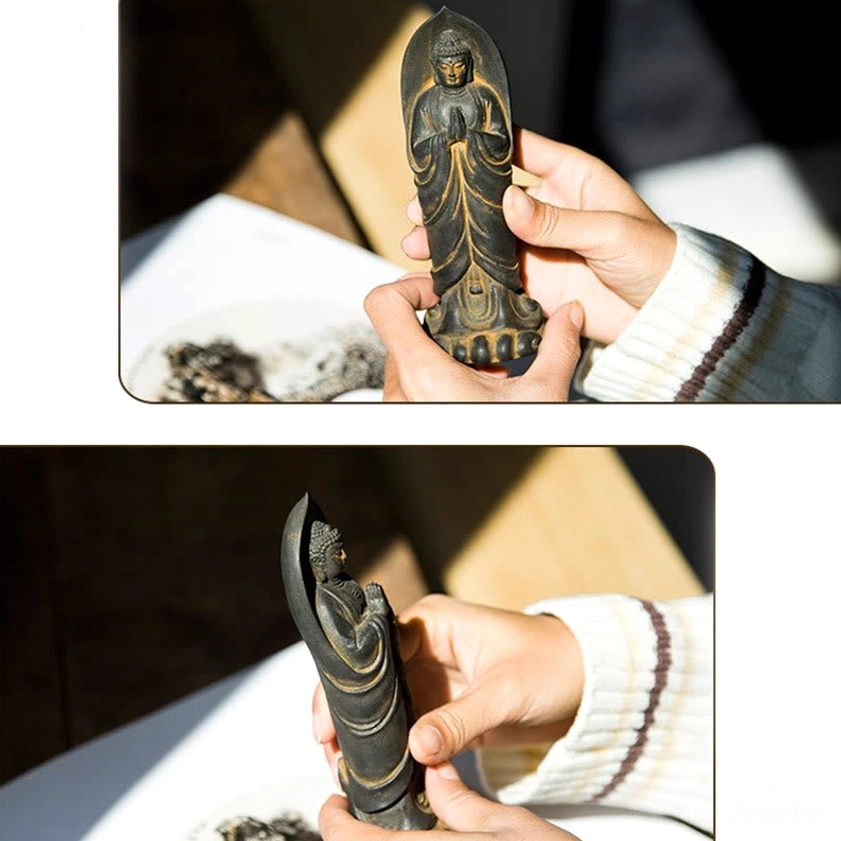 Handmade Sakyamuni Buddha Namaste statue with rust patina, front view highlighting prayer hands gesture and lotus base