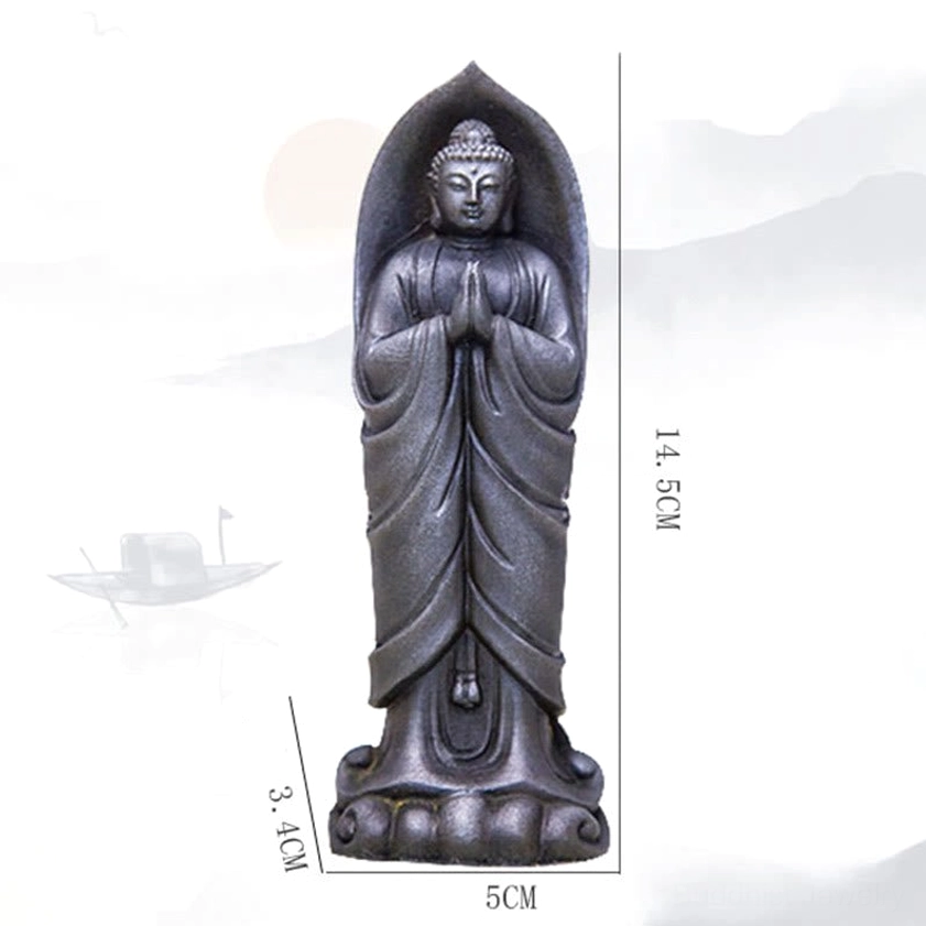 Sakyamuni Buddha Namaste statue artistic detail showing intricate lotus base and prayer hands symbolic gesture