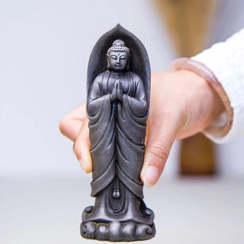 Sakyamuni Buddha Namaste statue three-quarter angle view highlighting robe texture and statue proportions for home display