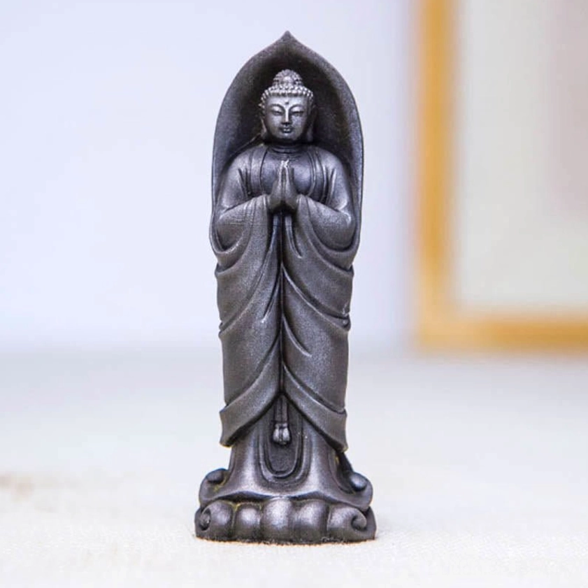 Handmade Sakyamuni Buddha Namaste statue with natural material finish suitable for yoga room or meditation sanctuary