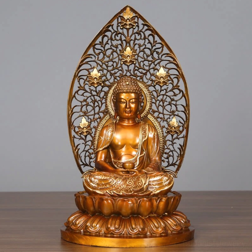 Single handcrafted copper Buddha statue front view - Sakyamuni Buddha figurine holding sacred bowl with intricate hollowed floral backrest