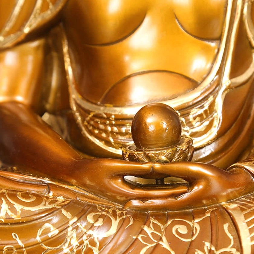 Sakyamuni Buddha handcrafted statue detail - Close-up of intricate carved features and authentic patina bronze finish