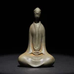 Handcrafted Sakyamuni Buddha meditation statue in dhyana mudra pose, front view, grey-brown matte finish