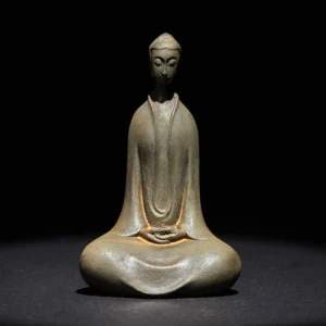 Handcrafted Sakyamuni Buddha meditation statue in dhyana mudra pose, front view, grey-brown matte finish