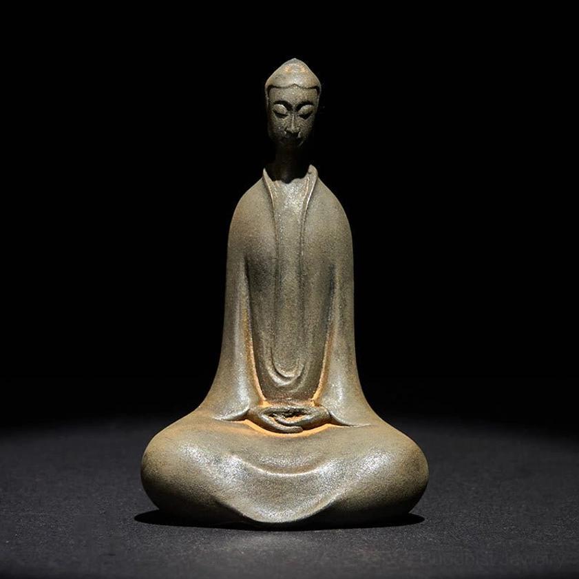 Handcrafted Sakyamuni Buddha meditation statue in dhyana mudra pose, front view, grey-brown matte finish