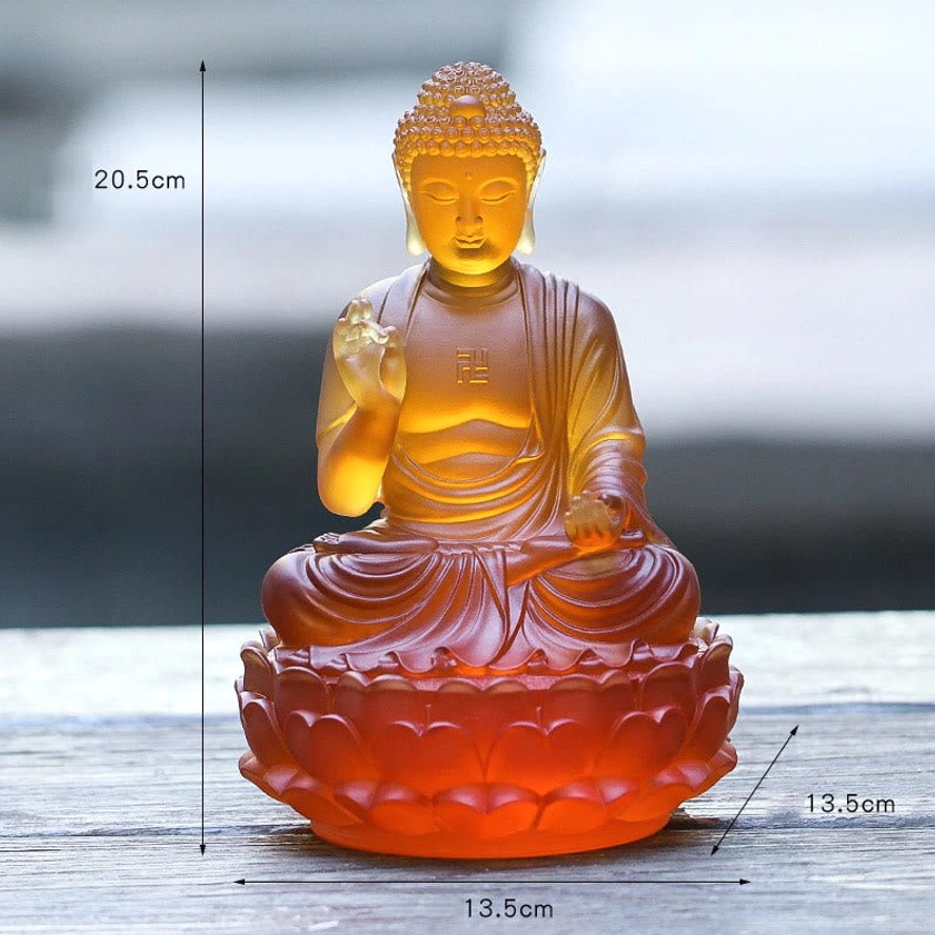 Liuli crystal Buddha statue with size dimension labels showing 20.5cm height and 13.5cm base width measurements