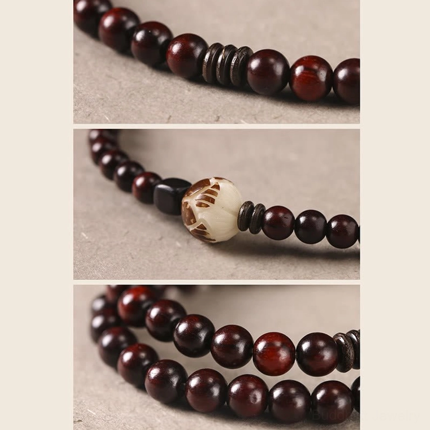 Split close-up detail shots of Buddhist bracelet beads showing wood grain texture, bead connections, and natural variations of red sandalwood material