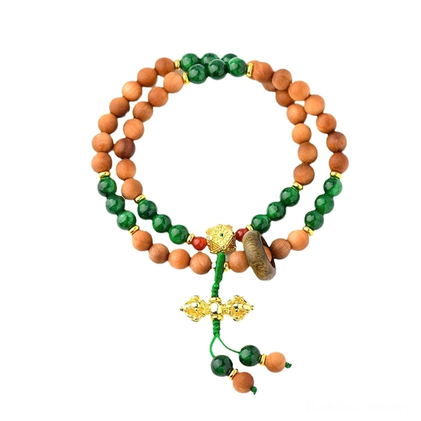 Complete sandalwood Dorje Vajra double twisted bracelet with gold tassel flat lay product photography