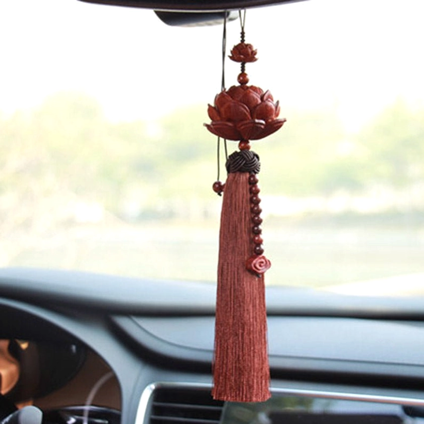 Red sandalwood lotus charm car hanging with long tassel suspended from rearview mirror