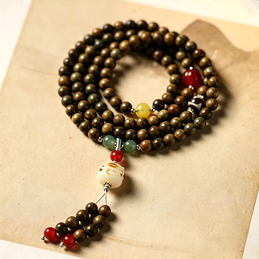 Brown sandalwood mala beads with cat tassel pendant, flat lay on beige craft paper displaying warm wood tones