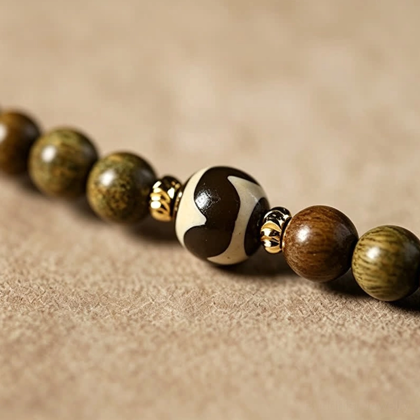Green and brown sandalwood mala beads arranged showing natural color oxidation stages and variations