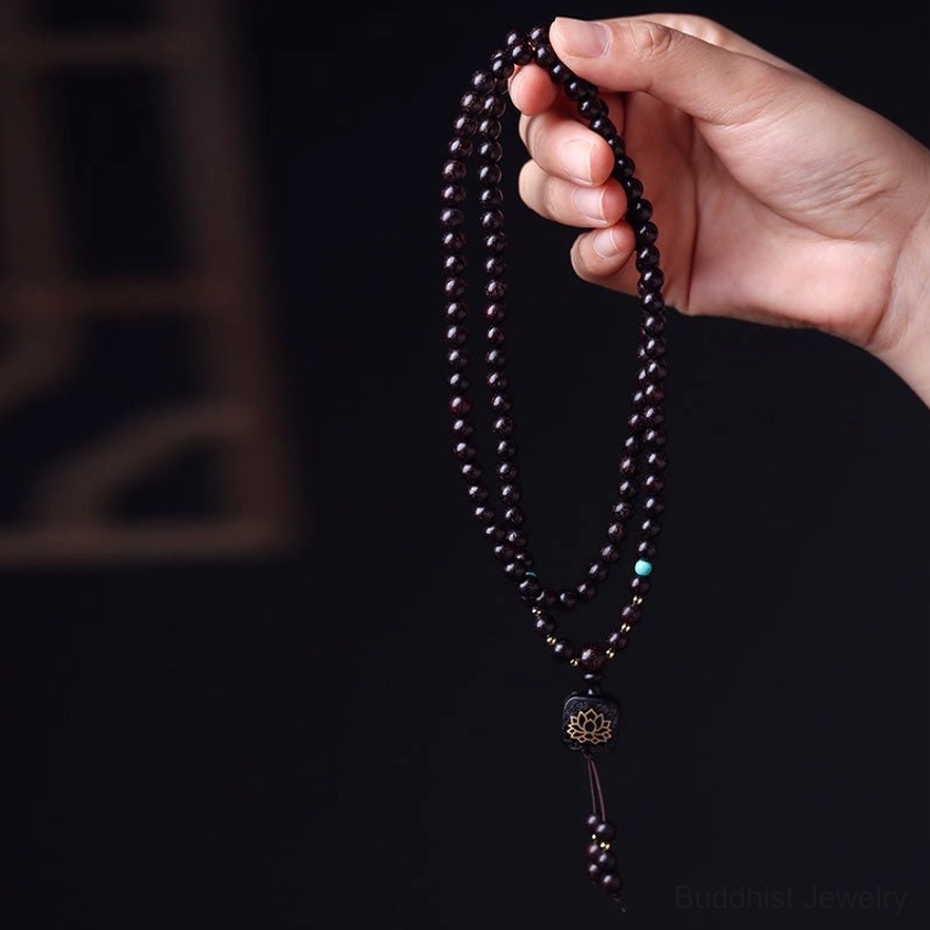 Long sandalwood mala necklace prayer beads with turquoise and metal accent beads and tassel charm