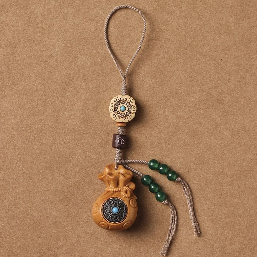 Sandalwood Om Mani Padme Hum phone hanging decoration with linen rope ready for daily use