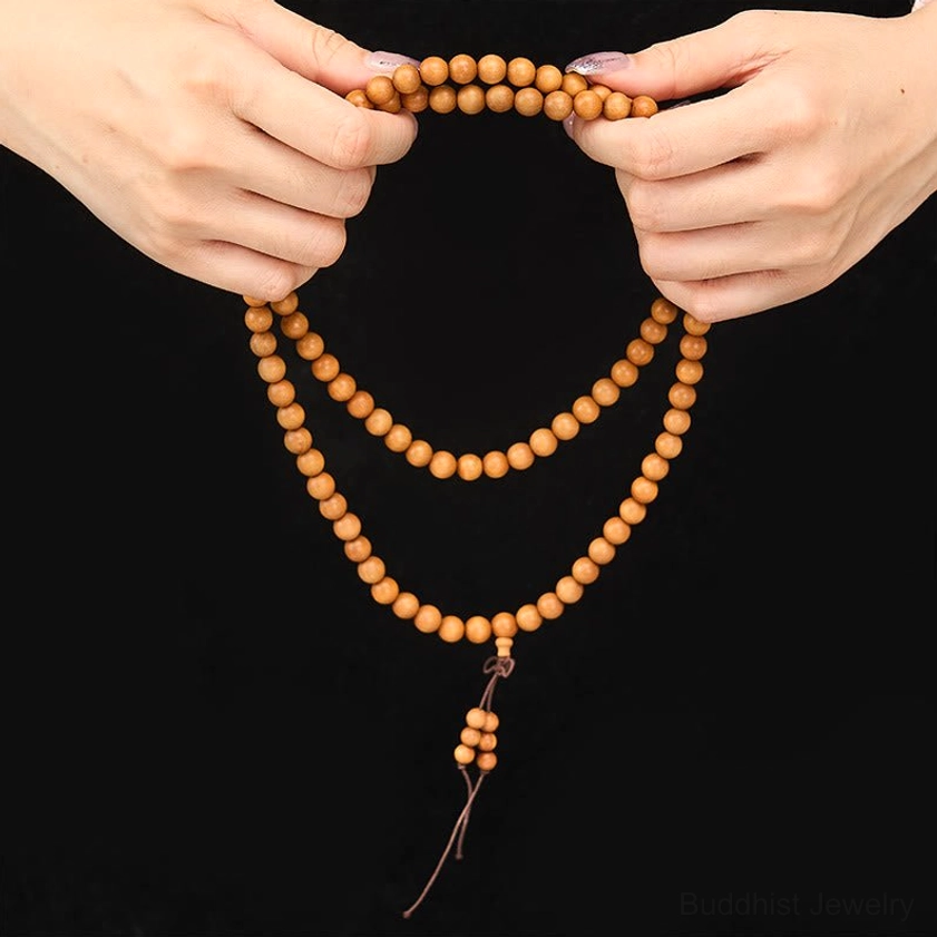 Sandalwood Buddhist prayer mala necklace style long strand for meditation practice
