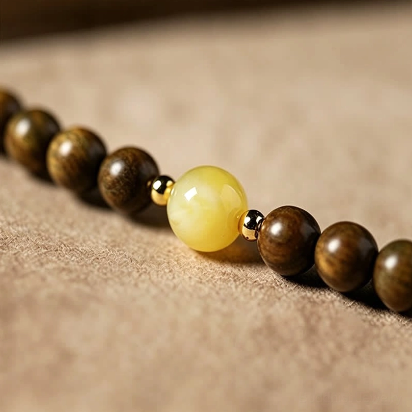 Sandalwood prayer mala with protective cat charm symbolism in Buddhist spiritual tradition