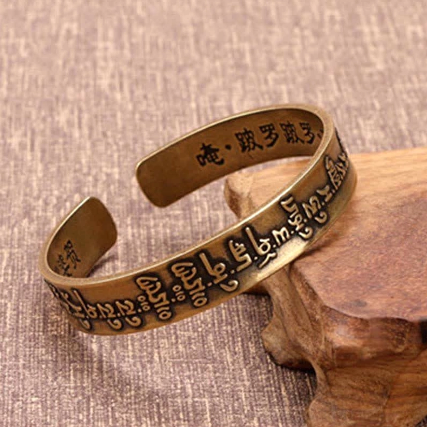 Sanskrit sutra engraved antique bronze cuff bangle with vintage finish