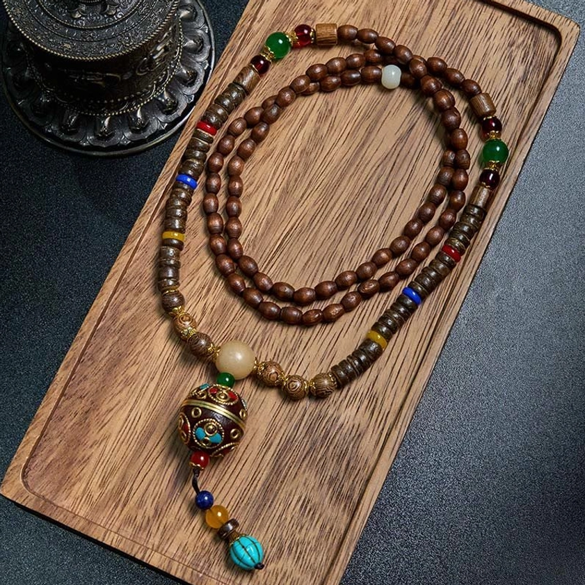 Handcrafted Schima wood Buddhist mala necklace with ornate mantra pendant and colored accent beads