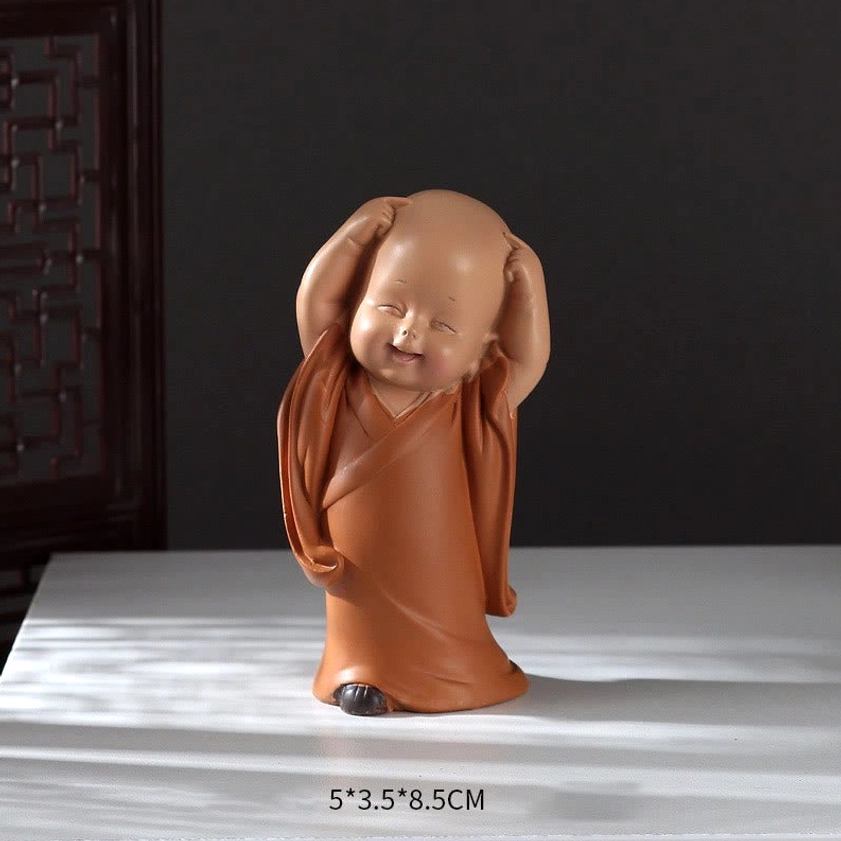 Scratching head mini monk figurine showing curiosity and humility, 5.5 x 3.5 x 8.5cm Buddhist décor