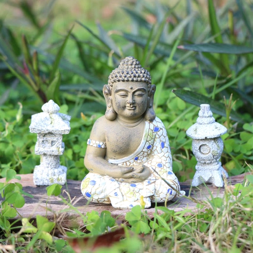 Small seated Buddha in meditation pose with mosaic robe, handcrafted resin statue for spiritual practice