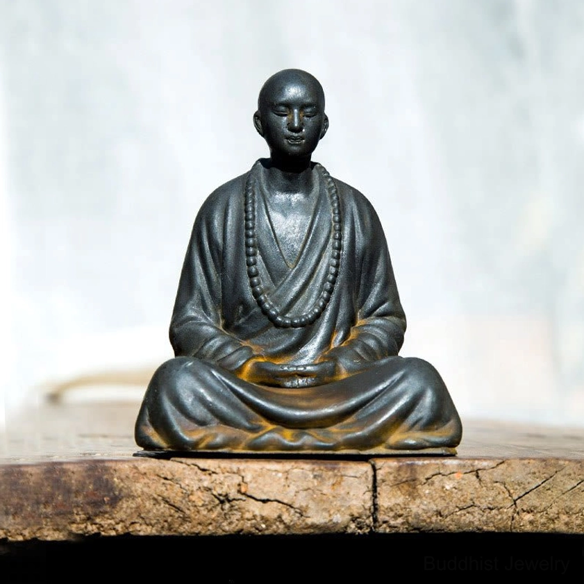 Seated Monk Statue with Prayer Beads and Hands on Abdomen - Meditating Buddha Resin Statue Spiritual Art