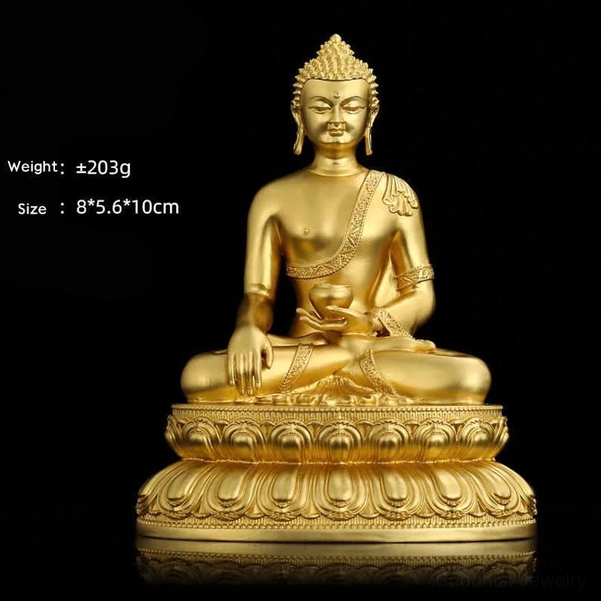 Shakyamuni Buddha hand-cast copper statue front view with alms bowl and lotus base, golden finish