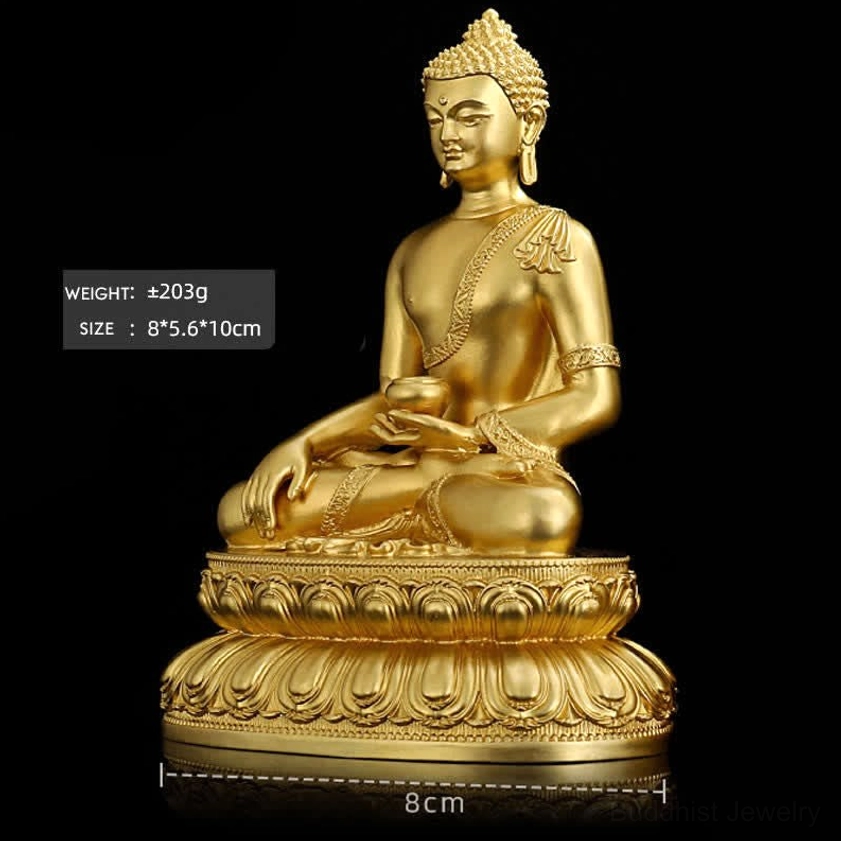 10cm Shakyamuni Buddha figurine three-quarter side view with hand-cast copper and lotus base