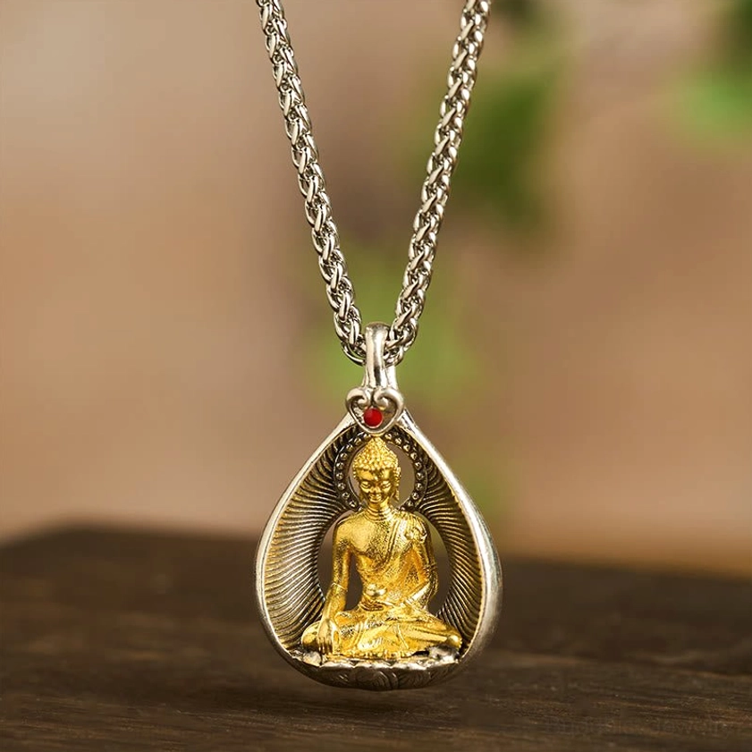 Shakyamuni Buddha pendant necklace silver chain and copper plated design for spiritual practice and daily wear