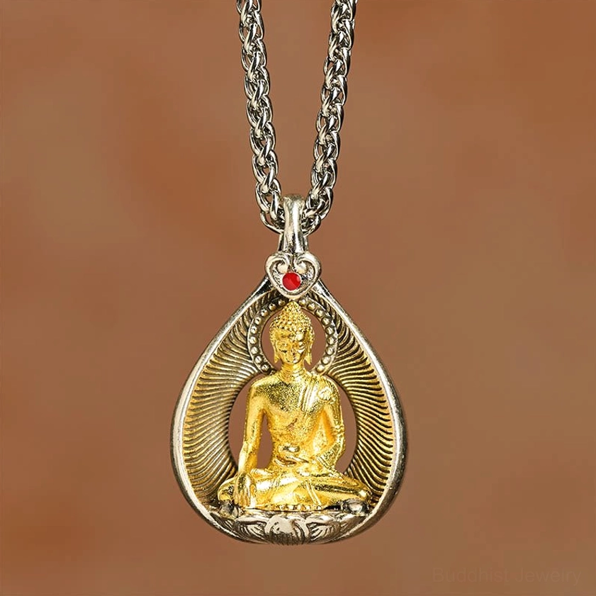 Shakyamuni Buddha Buddhist pendant showing lotus-shaped base symbolizing enlightenment and inner wisdom