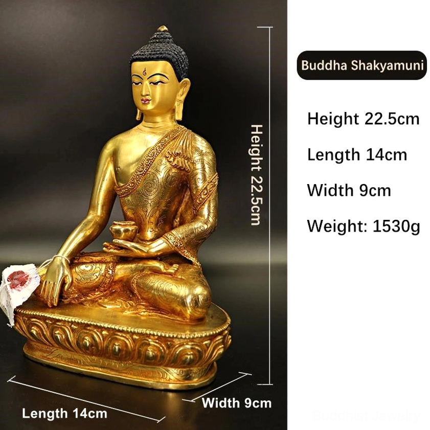 Shakyamuni Buddha statue with size dimensions (22.5cm height) and weight specifications, golden gilt finish