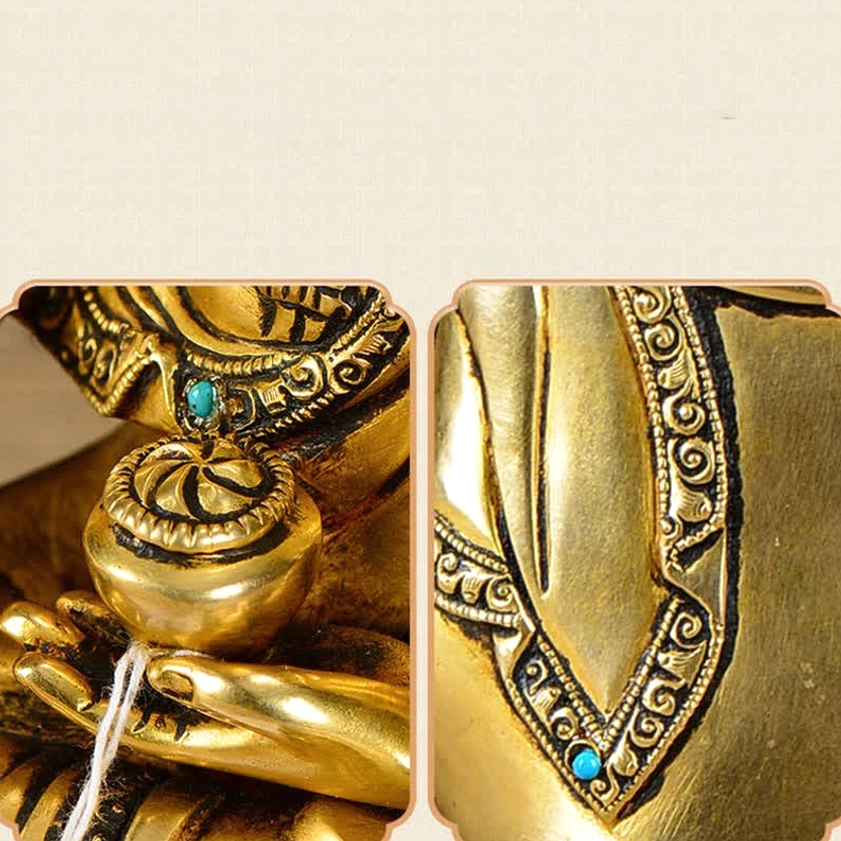 Shakyamuni Buddha earth-touching mudra statue showing right hand extended downward in transcendence gesture with altar setting