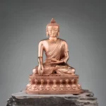 Shakyamuni Buddha copper statue full front view with carved lotus throne, rose copper finish