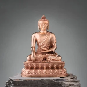 Shakyamuni Buddha copper statue full front view with carved lotus throne, rose copper finish