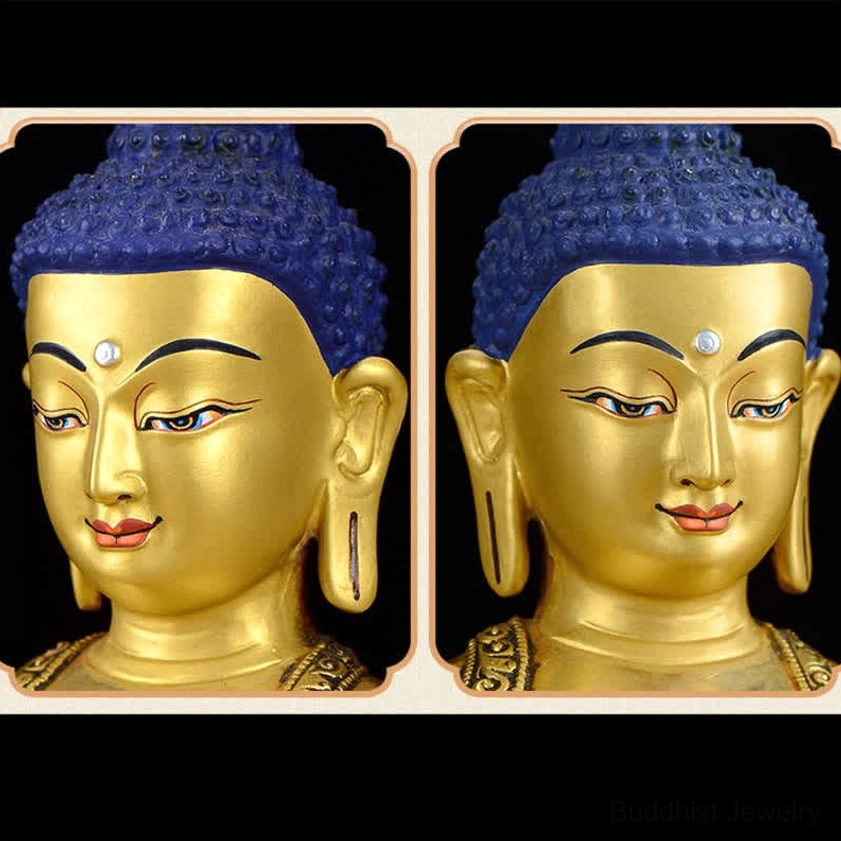 Shakyamuni Buddha handcrafted copper statue showing detailed lotus pedestal base with traditional Buddhist sculpture artistry