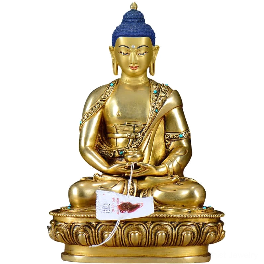 Shakyamuni Buddha copper statue with turquoise stone inlays and decorative robe details for home meditation altar decoration