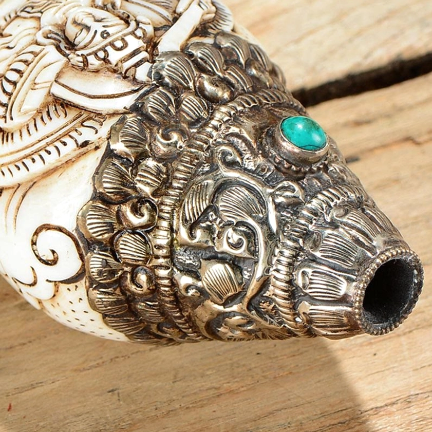 Shankha conch mouthpiece with embossed Buddha face and turquoise bead inlay