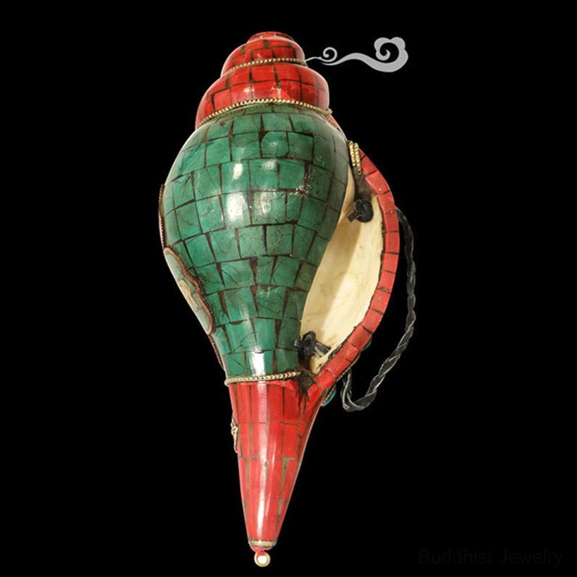 Rear view of handcrafted Shankha conch showing natural shell interior cavity and braided hanging rope
