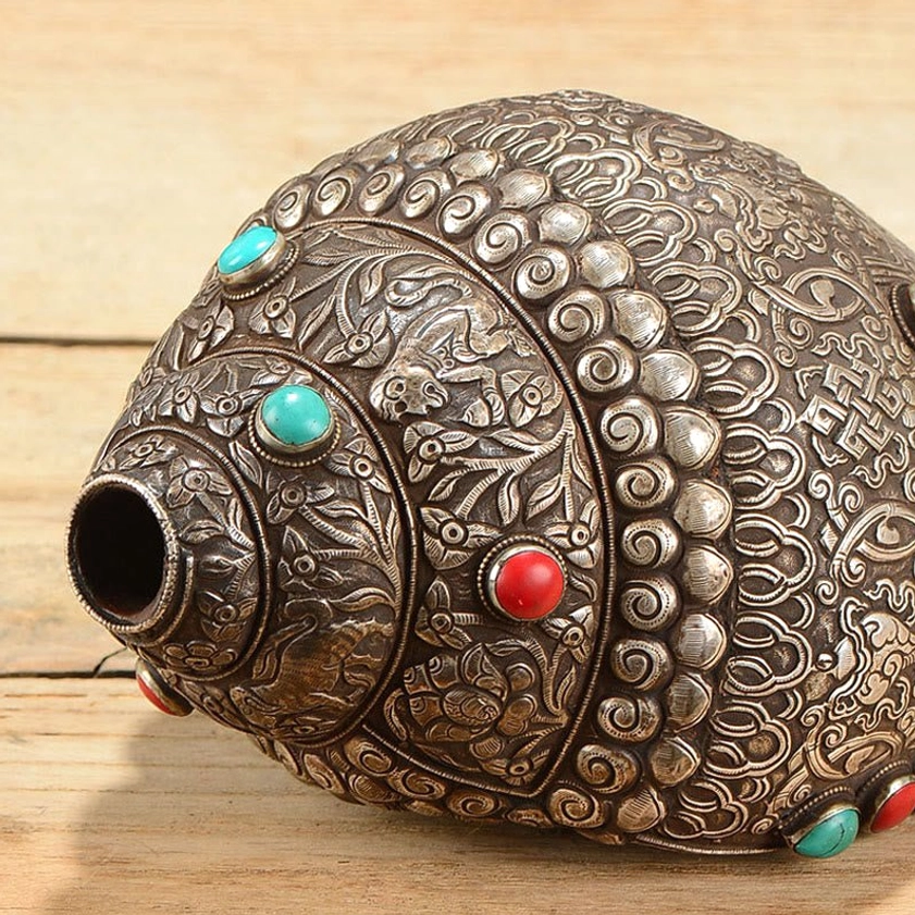 Close-up detail of Shankha conch shell mouth opening showing intricate carved reliefs and sterling silver accents