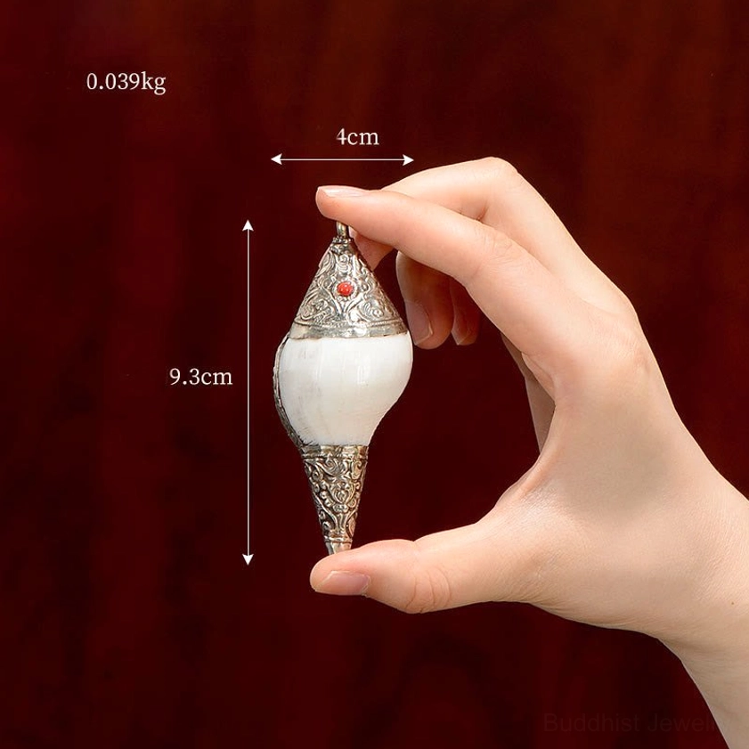 Buddhist shankha conch decoration lying on side revealing inner cavity with carved silver tail and head and colored gemstone decorations