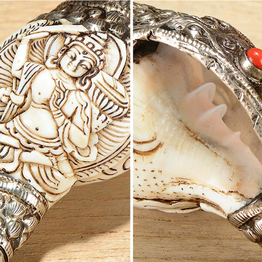 Split view of shankha conch shell showing Buddha carving and inner cavity detail