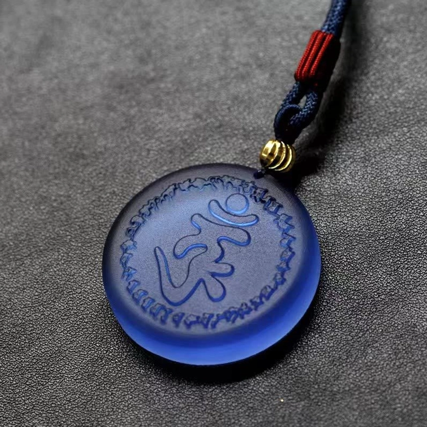 Shurangama Mantra Buddhist Liuli crystal pendant necklace with deep blue frosted finish and engraved mantra
