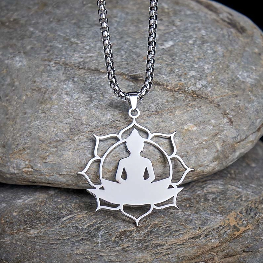Silver stainless steel buddha lotus pendant necklace front top view stone