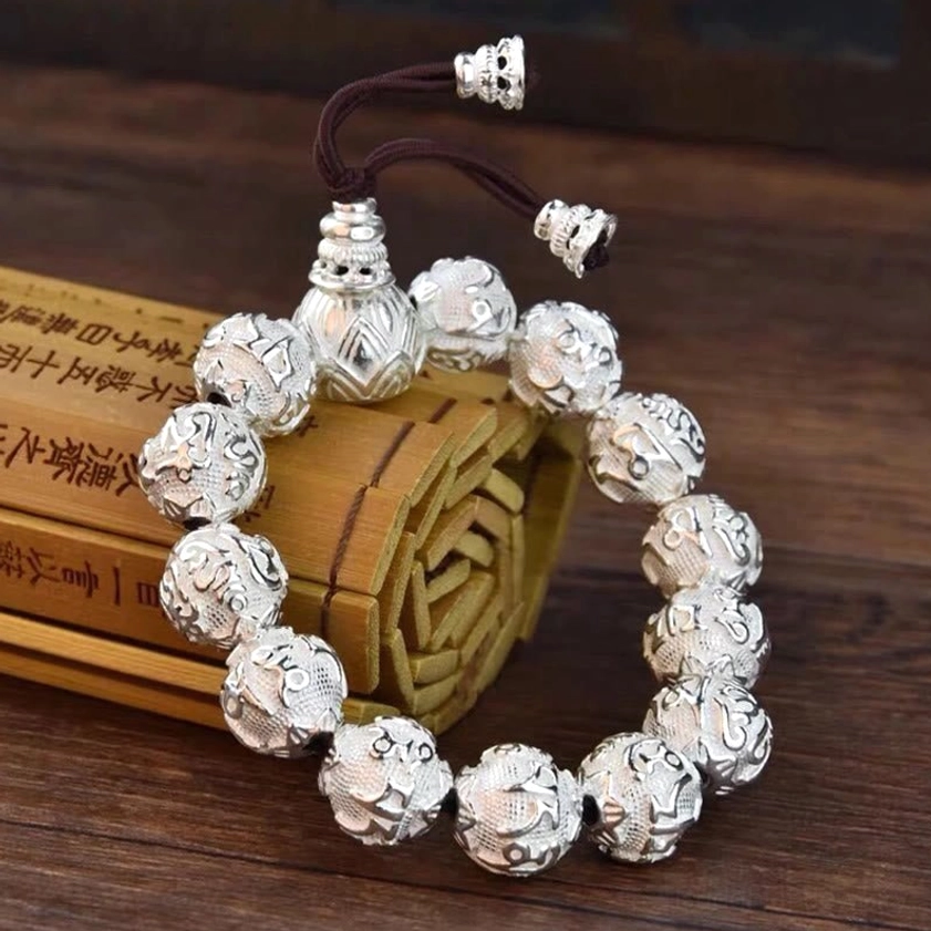 Silver finish carved alloy mala bracelet with various bead sizes available for different wrist circumferences
