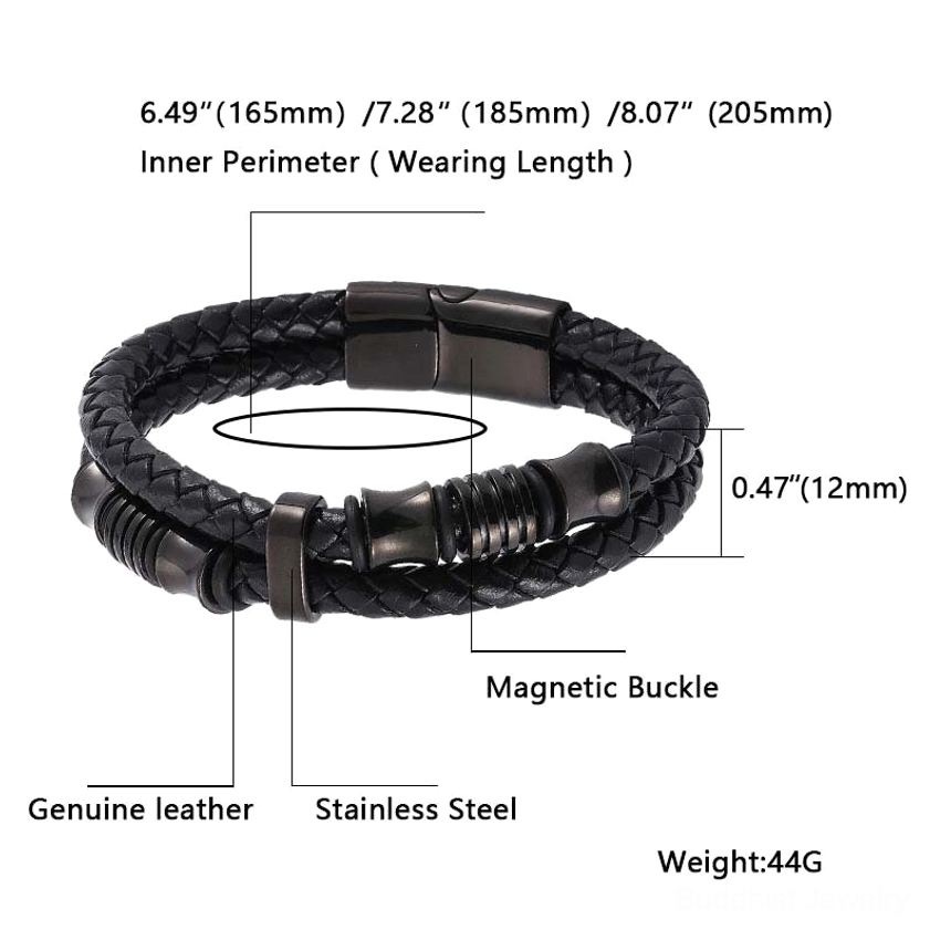 Two-tone leather weave bracelet featuring gold stainless steel hardware and black braided leather