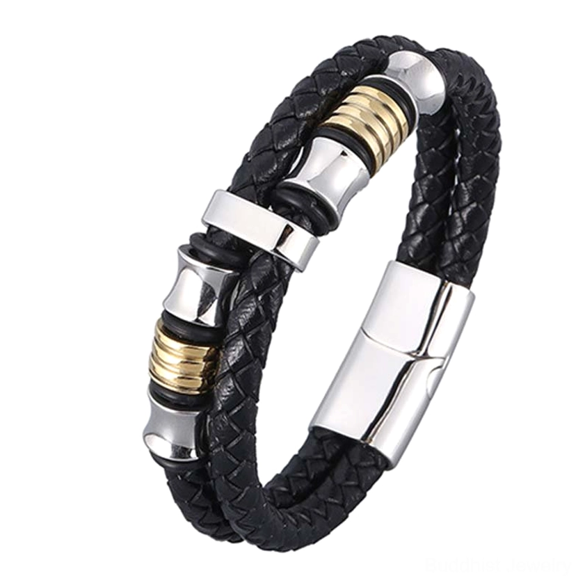 Silver and gold mixed metal titanium steel leather bracelet showing dual tone hardware