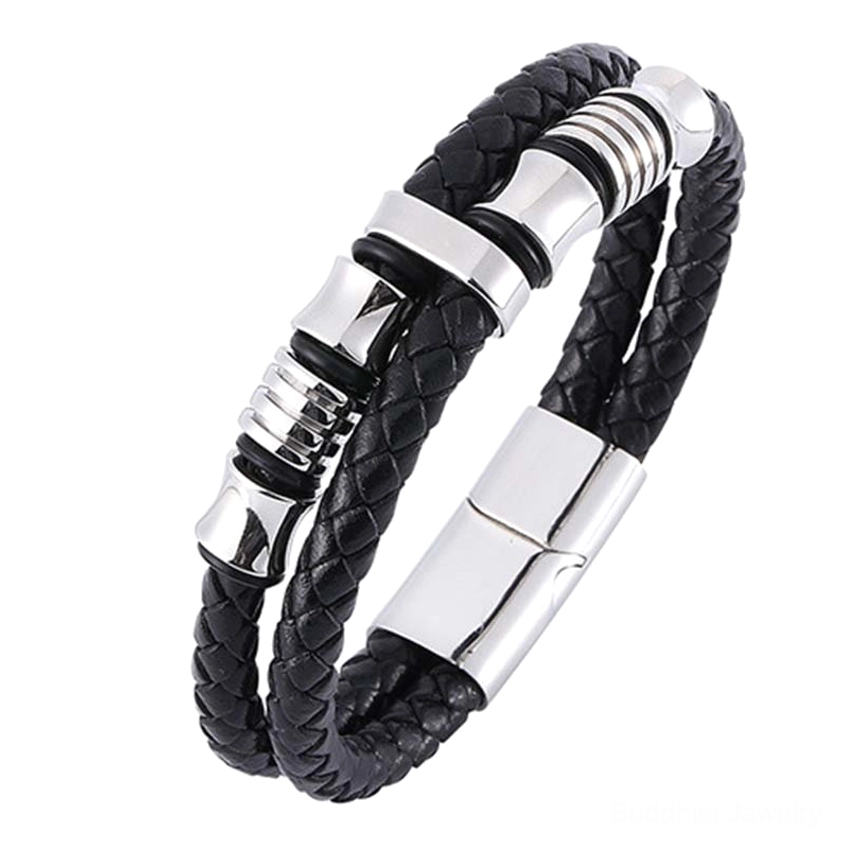 Silver finished titanium steel leather weave bracelet showcasing handcrafted braiding